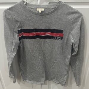 Gucci Kids Gray Long Sleeve Tee with Red and Blue Stripes